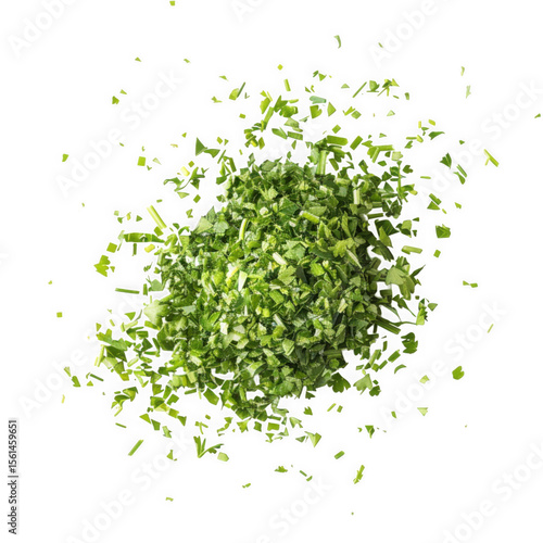 Finely chopped fresh parsley explosion isolated on transparent background