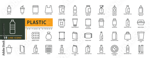 Minimalist Plastic line icons set with editable stroke, featuring bottle, cup, zip plastic, bubble wrap, spray, bag, plastic bottles, pouch pop, trash bag, crate, mustrad. thin linear illustration.