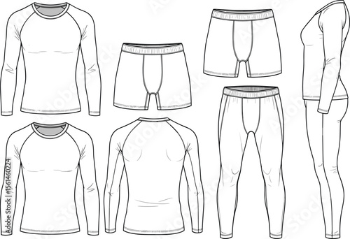 Men and women thermal underwear technical sketch, cad drawing, flat vector illustration, front back side view, fashion garment design template