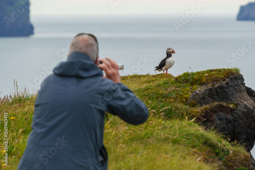 Tableau sur toile Photographer capturing puffin on cliff edge overlooking ocean