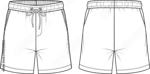 Men’s elastic waist shorts flat sketch, front and back view, fashion cad drawing vector template with drawstring and topstitch detail