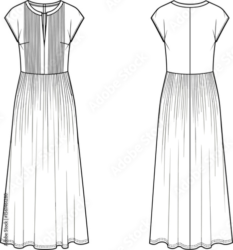 Pleated midi dress fashion flat, front and back technical sketch, cap sleeve detail, keyhole neckline, vector apparel cad drawing
