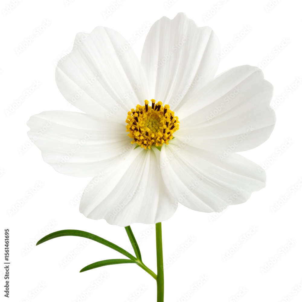 Fototapeta premium Side View of Elegant White Bloom with One Leaf and Long Stem, Isolated PNG
