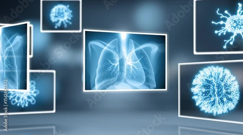 Lung scan hologram displaying virus cells and cancer in futuristic medical environment with advanced diagnostic technology for doctors analyzing cellular health and treatment planning