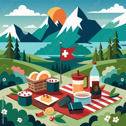 Festive swiss countryside picnic with patriotic decorations and mountains