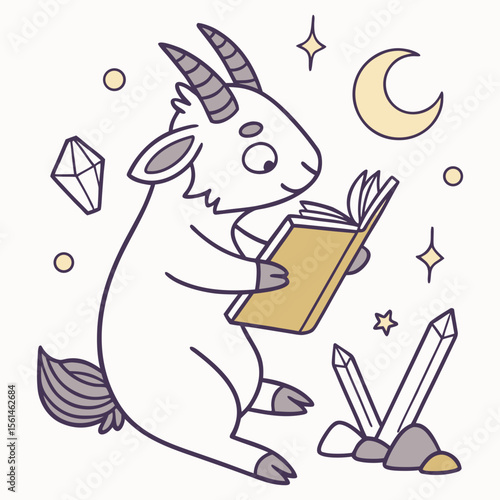 Content expression on a Pygmy Goat in a Starry night theme, with reading a book – Magical Night vector art