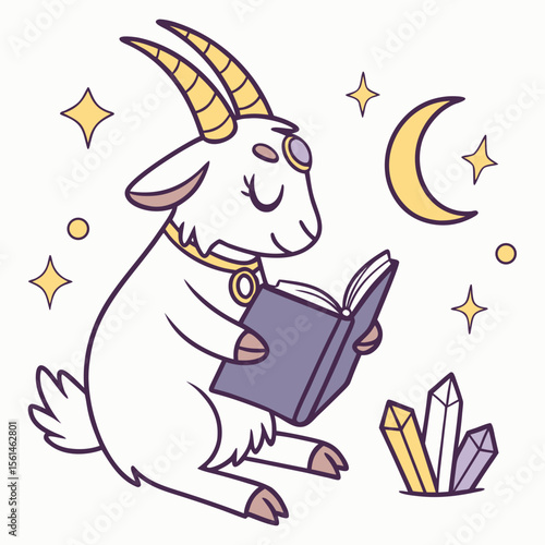 Content expression on a Pygmy Goat in a Starry night theme, with reading a book – Magical Night vector art