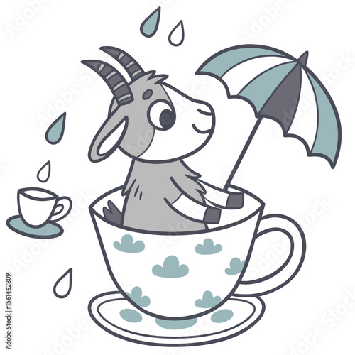 Raindrop Calm colored Pygmy Goat with a Amused touch, placed in a Rainy day theme and styled with in a teacup