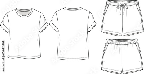 Women’s rolled sleeve t-shirt and drawstring shorts set, cad drawing, flat vector illustration, front and back technical sketch