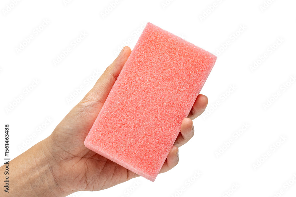 Obraz premium hand holding red sponge isolated in white background