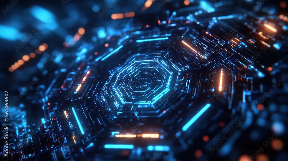 Obraz premium Futuristic Blue Hexagonal Digital Core with High-Tech Circuit Interface 