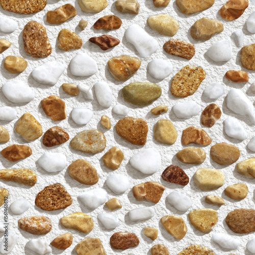 Pebbles in varying shades of beige and white, on a light background