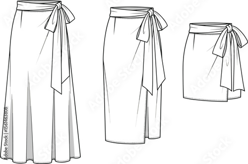Wrap skirt technical flat sketch, long midi mini versions, tied waist detail, fashion vector illustration, apparel design cad drawing