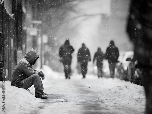 Lonely figure sitting alone on a snowy city sidewalk, with others walking by in blurred motion