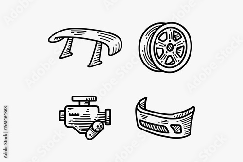 lip spoiler racing, modular spoke, inline engine, front bumper, car wheel rim engraving doodle illustration vector design set for automotive, racing, garage, workshop, vehicle, custom service, repair