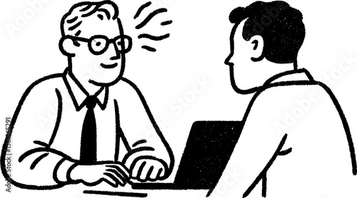 Banker typing and explaining terms in a professional meeting sketch
