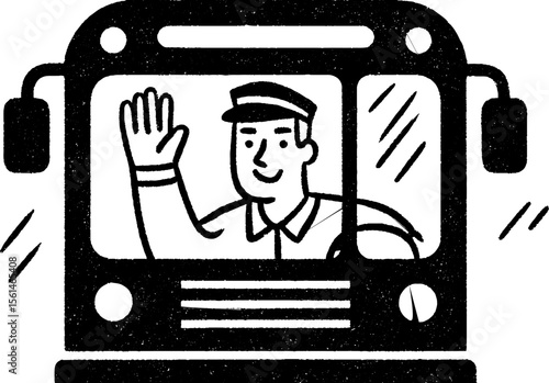Cheerful bus driver waving and greeting passengers - hand drawn sketch concept