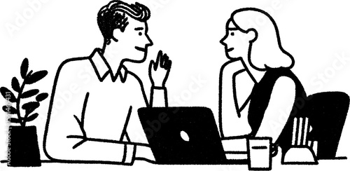 Business coaching session: mentor guiding client at desk with laptop and plant