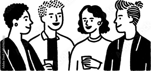 Casual team stand up meeting sketch with four people in conversation