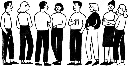 Casual team stand-up meeting sketch for office collaboration and discussion themes