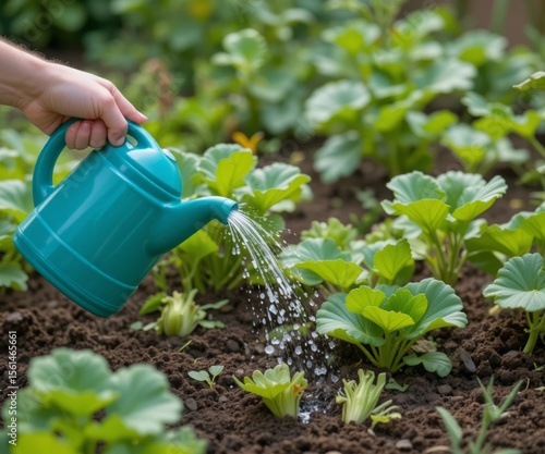 Hand watering vegetables in the garden