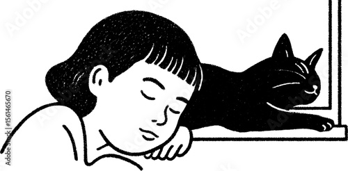 Peaceful child sleeping next to cat in warm scene