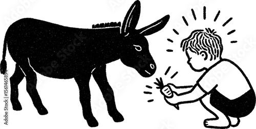 Child sharing a carrot with a friendly donkey in playful sketch art