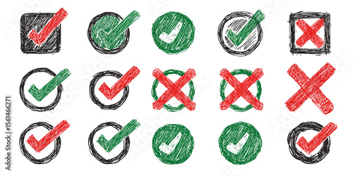 Checkmarks and Crossmarks: A hand-drawn collection of checkmarks and crossmarks, showcasing a variety of styles and colors. Use it for design elements or illustrate choices.