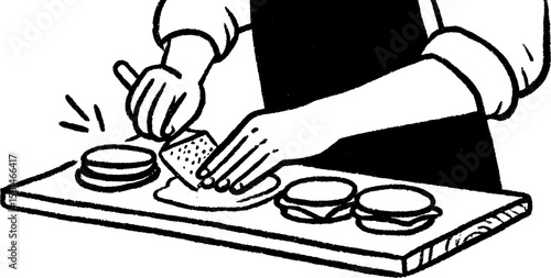Cook assembling sandwiches quickly with hand-drawn sketch style for culinary design