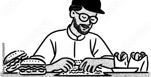 Cook assembling sandwiches quickly in black and white sketch for culinary art