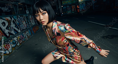 Stylish Woman in Graffiti-Covered Urban Alleyway