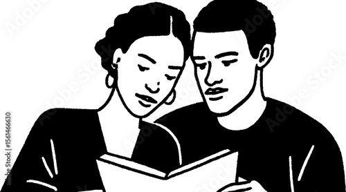 Cherished memories: couple browsing a photo album in hand-drawn sketch