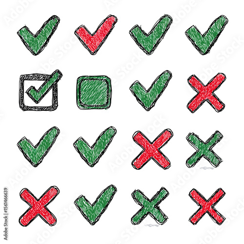 Checkmark and Cross Pattern: A collection of hand-drawn checkmarks and crosses, conveying concepts of choices, verification, and error in a dynamic illustrative design.