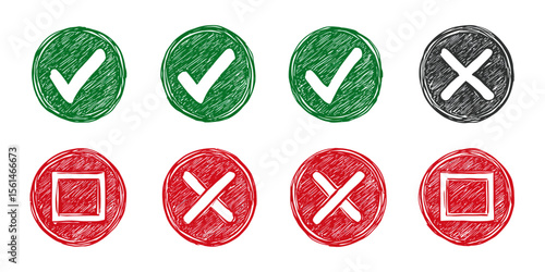 Hand Drawn Check and Cross Marks: A set of hand-drawn check marks and cross marks, rendered with a colored pencil effect.