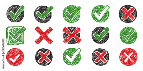 Check and Cross Symbols: A collection of green check marks and red crosses, creatively arranged in a pattern, representing validation and rejection concepts