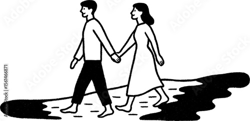 Couple walking barefoot by the shoreline in hand drawn style