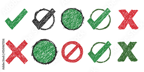 Checkmark and Cross Symbols: A collection of hand-drawn checkmark and cross symbols, each embodying a different nuance, from validation to rejection.