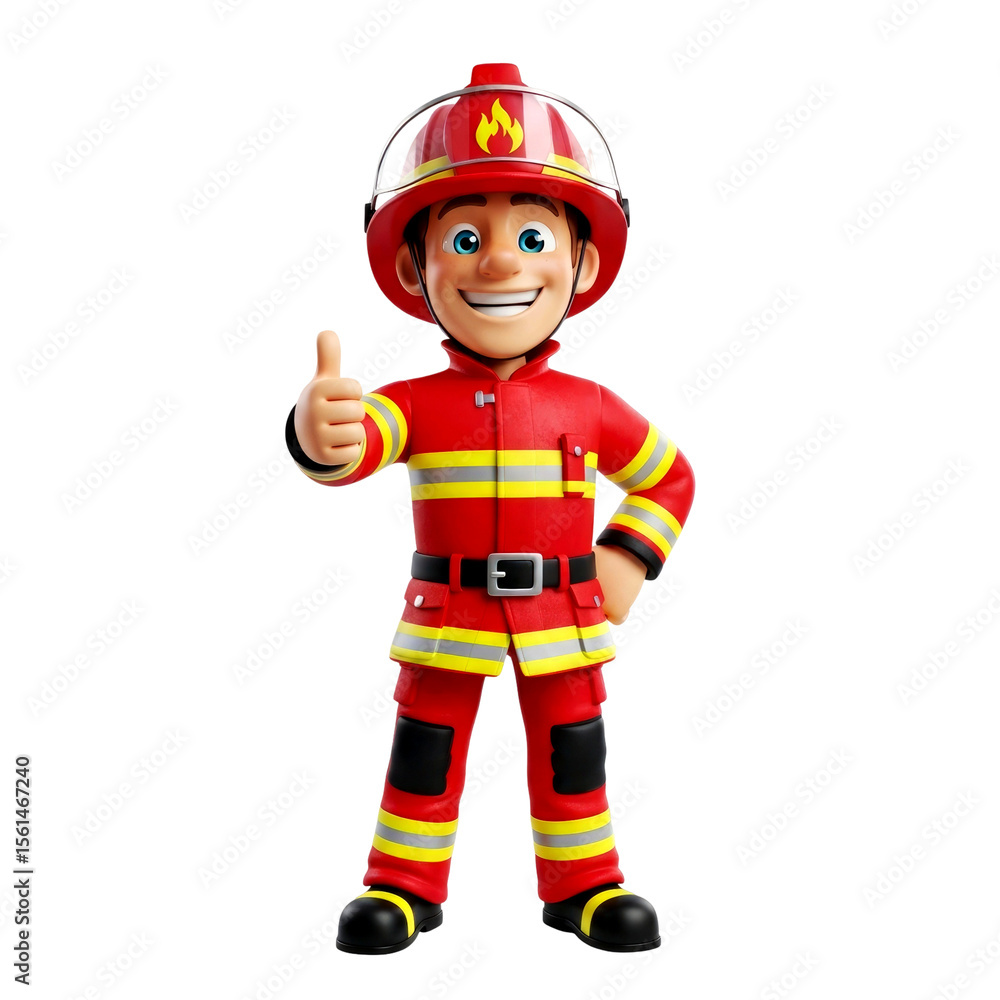Fototapeta premium Cheerful 3D Cartoon Firefighter Giving Thumbs Up - Stock Image