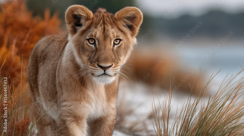 Obraz premium A young lion cub, light brown fur, amber eyes, walks towards the camera through tall grass. The background is blurred, showing muted autumnal colors and a hint of water.