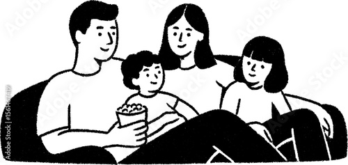 Family movie night sketch with popcorn: cozy evening together