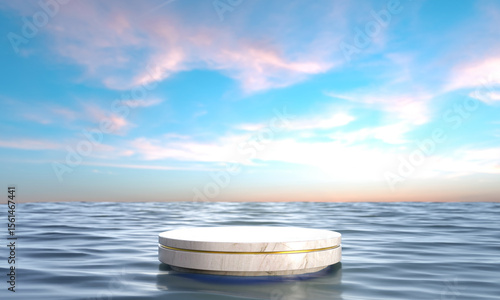 Empty marble podium on ocean background. 3d render