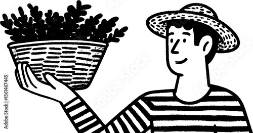 Farmer holding basket of fresh produce sketch for rustic farm designs