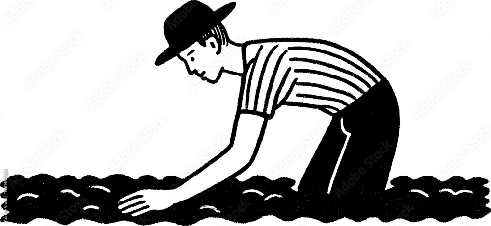Fototapeta premium Farmer inspecting crops in open field: agricultural scene with hand drawn sketch for rural design