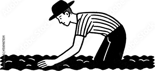 Farmer inspecting crops in open field: agricultural scene with hand drawn sketch for rural design