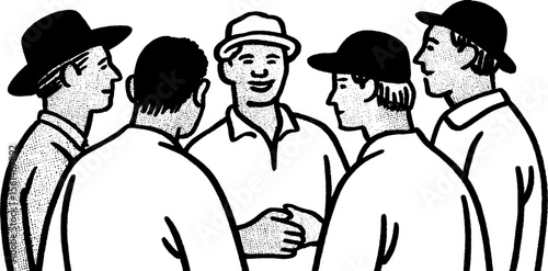 Farmer laughing with neighbors in rustic gathering scene