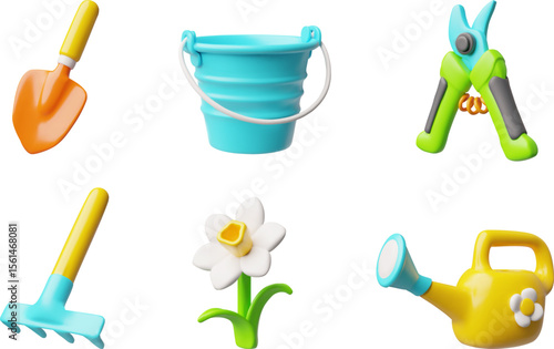 3D Gardening Tool Set. Bucket, Shovel, Watering Can, Pruning Shears, Rake and Flower Illustration.