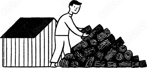Farmer arranging firewood beside a shed in hand drawn sketch style