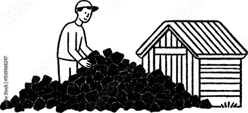 Rustic farm scene with farmer stacking firewood beside shed for rural lifestyle design