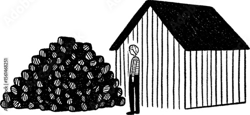 Sketch of farmer stacking firewood beside shed for rustic farm scene
