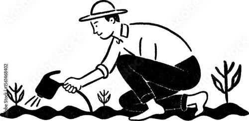 Farmer watering seeds with hand pump sketch – rustic agricultural scene for design